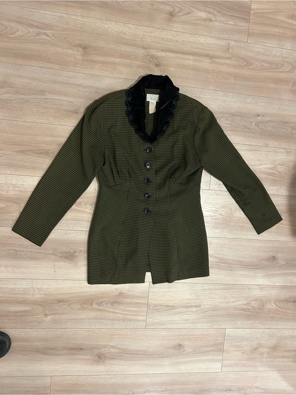 Vintage 80s/90s EXPO Green Micro-Houndstooth Blazer with Velvet Collar